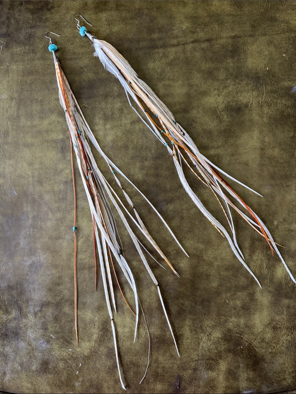 Boho Feather Fringe Earrings with Turquoise Beads